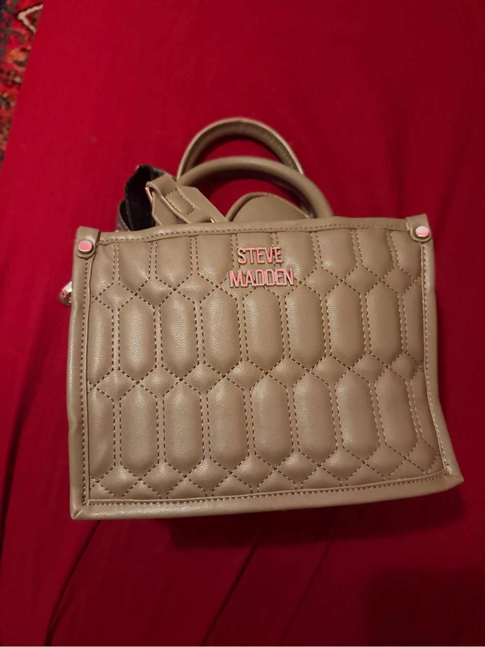 Steve Madden Quilted Taupe Mini Satchel with Pink Hardware